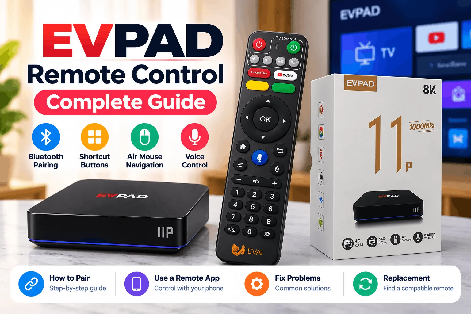 EVPAD リモコンガイド:機能、ペアリング、アプリ、トラブルシューティング EVPAD リモコン