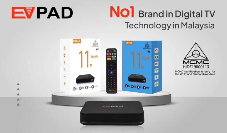 EVPAD TV Box product packaging with MCMC certification