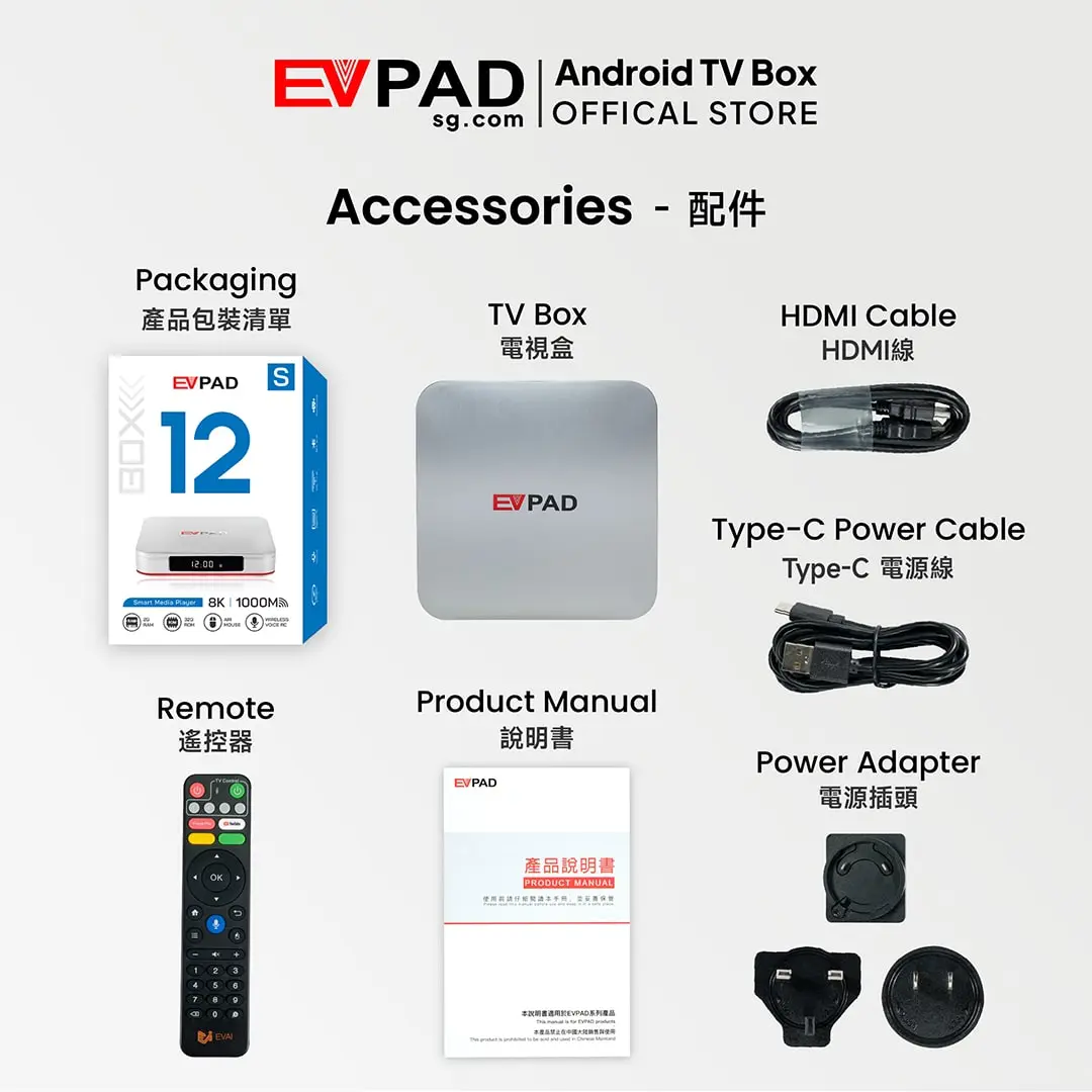 EVPAD 12S Android TV Box (International Version) EVPAD 12S package contents including TV box, remote, cables, manual, and power adapter.