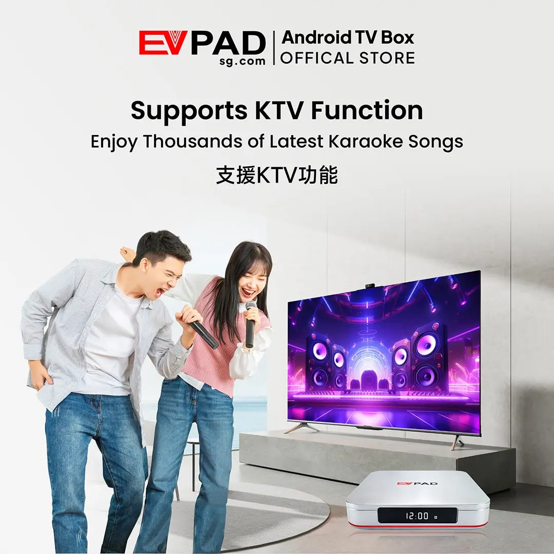 EVPAD 12S Android TV Box (International Version) EVPAD 12S supporting KTV function for home karaoke entertainment.