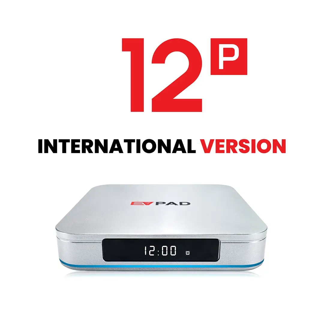 电视机上显示的 EVPAD 12P 智能电视盒界面屏幕。