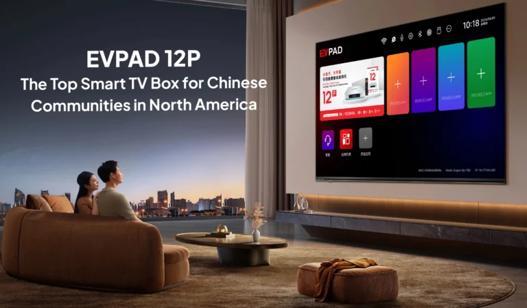 Home - EVPAD TV BOX OFFICIAL STORE EVPAD 12P displayed on a large TV in a modern living room, promoted as the top smart TV box for Chinese communities in North America.