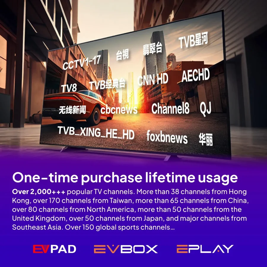 EVPAD TV box with global channels shown on smart TV and message: One-time purchase, lifetime usage.