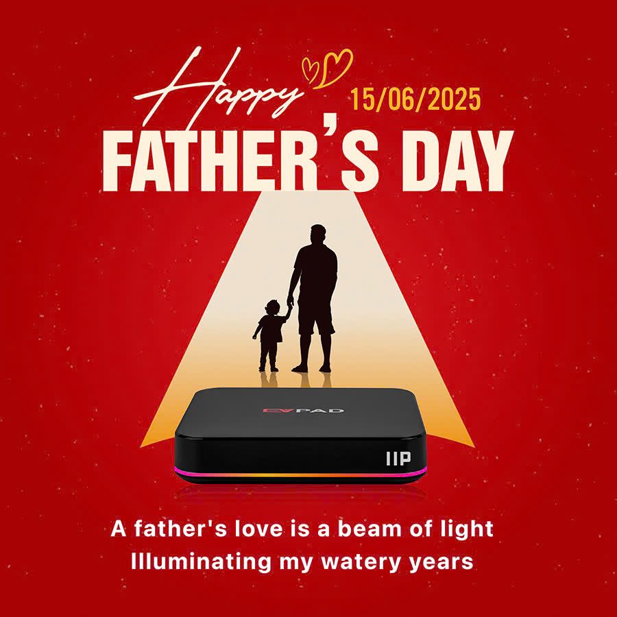 Father and child silhouette with EVPAD box and Father’s Day greeting on red background.