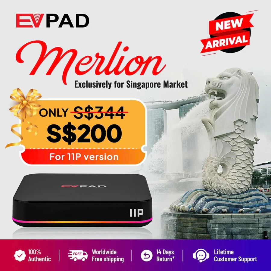 EVPAD Merlion Edition TV box with S$200 promo price and Merlion statue.